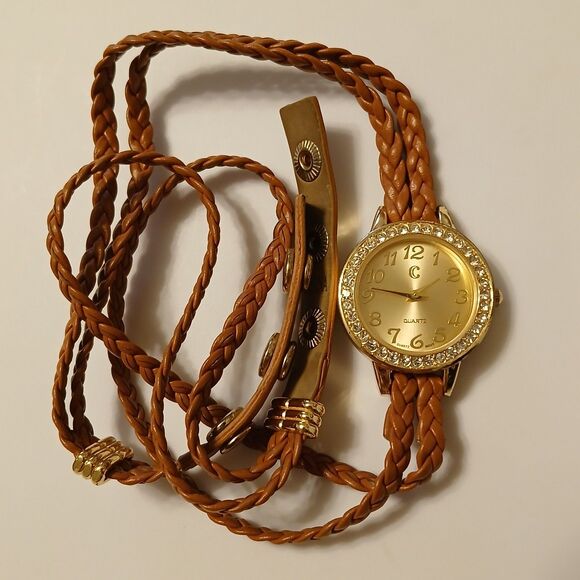 Women's Gold Tone Dial Rhinestone Bezel Brown Coil Wrap Bracelet Style Watch - Picture 3 of 8